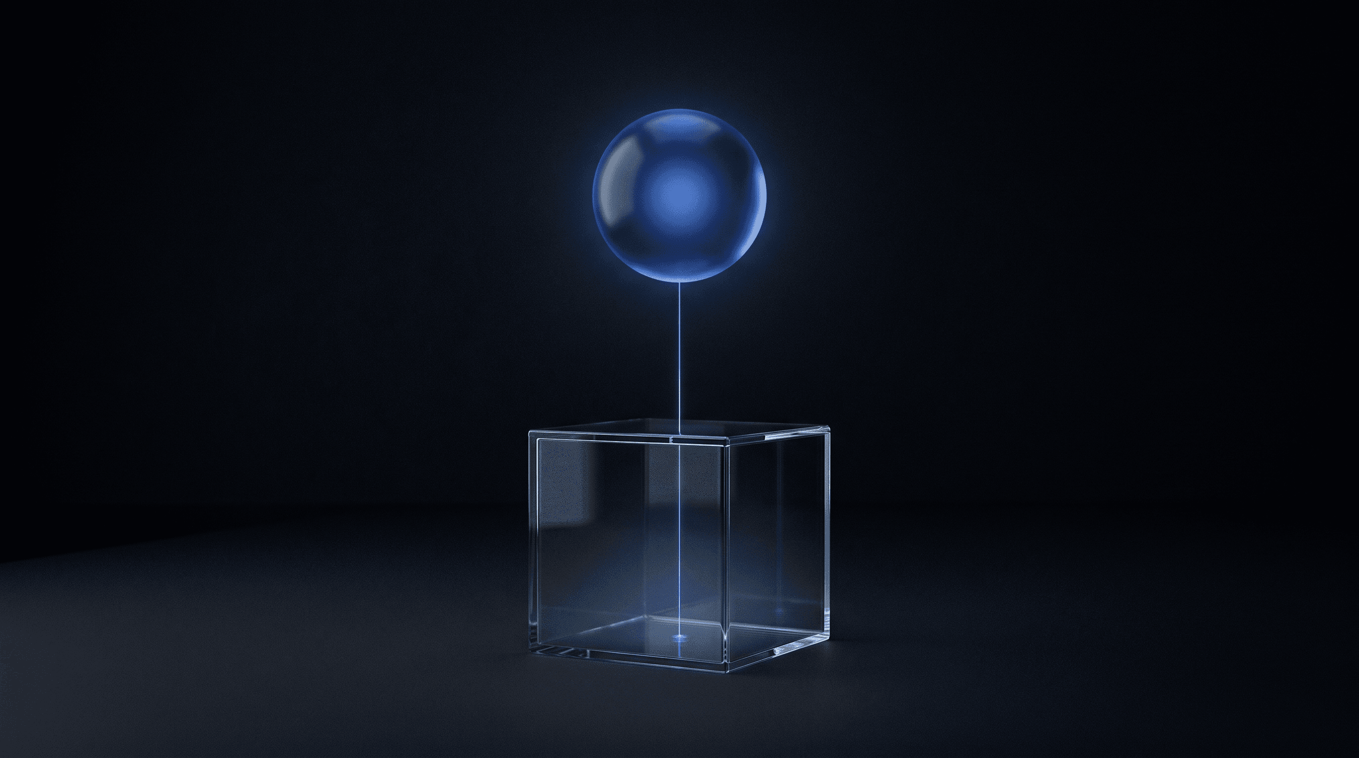A glowing glass sphere connected by a single thread of light to a sealed glass cube below