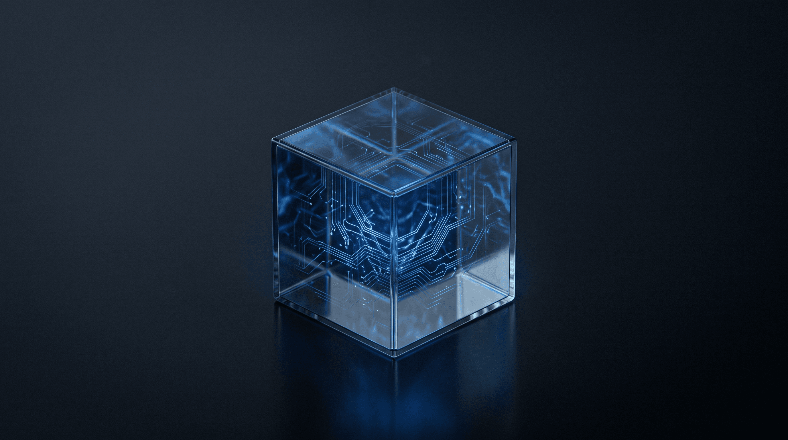 A sealed glass cube on a dark plane with fine circuit-like traces of blue light inside, a tiny computer made of glass.