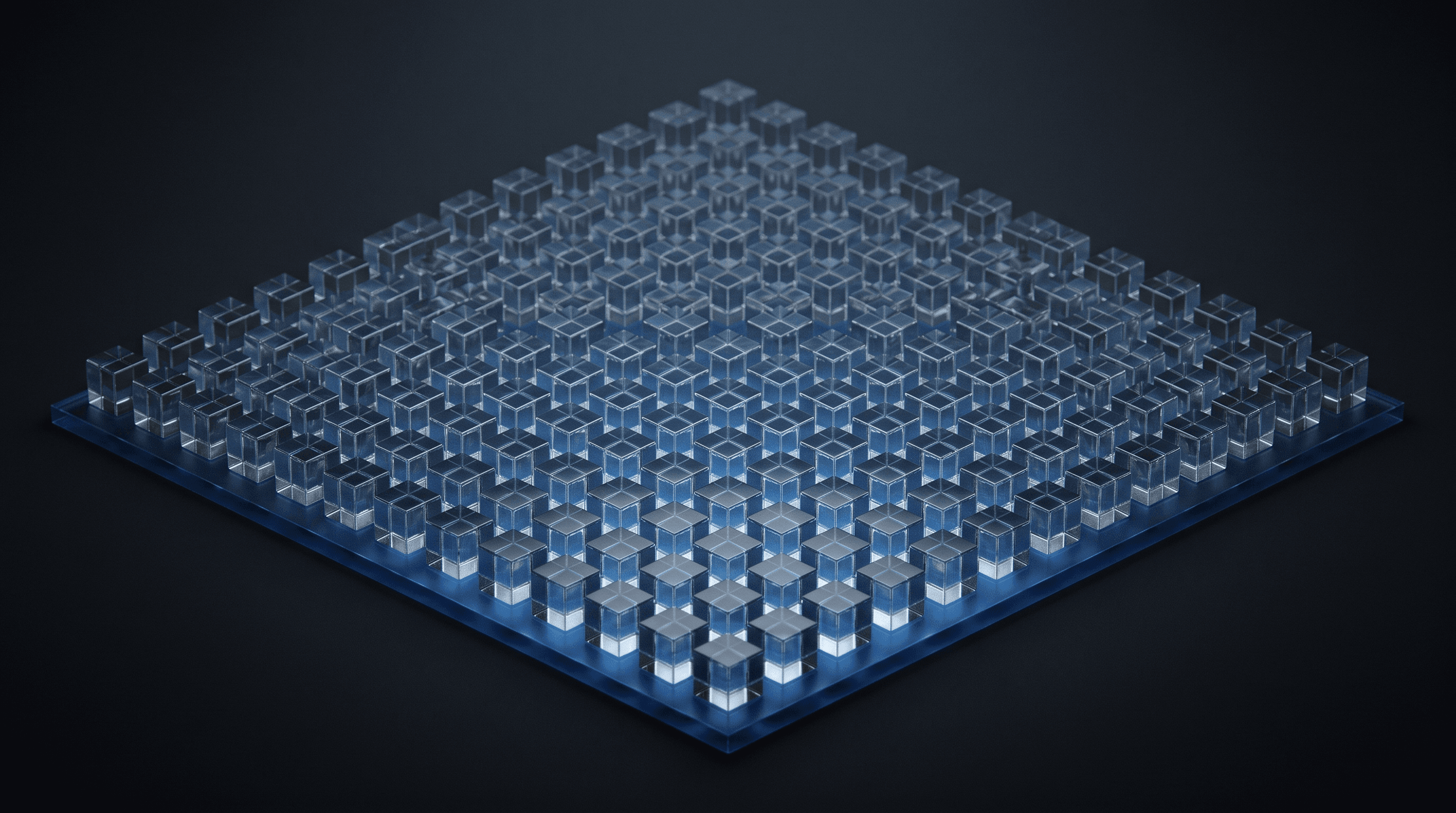 Rows of dim glass cubes all standing on one continuous glowing base plate