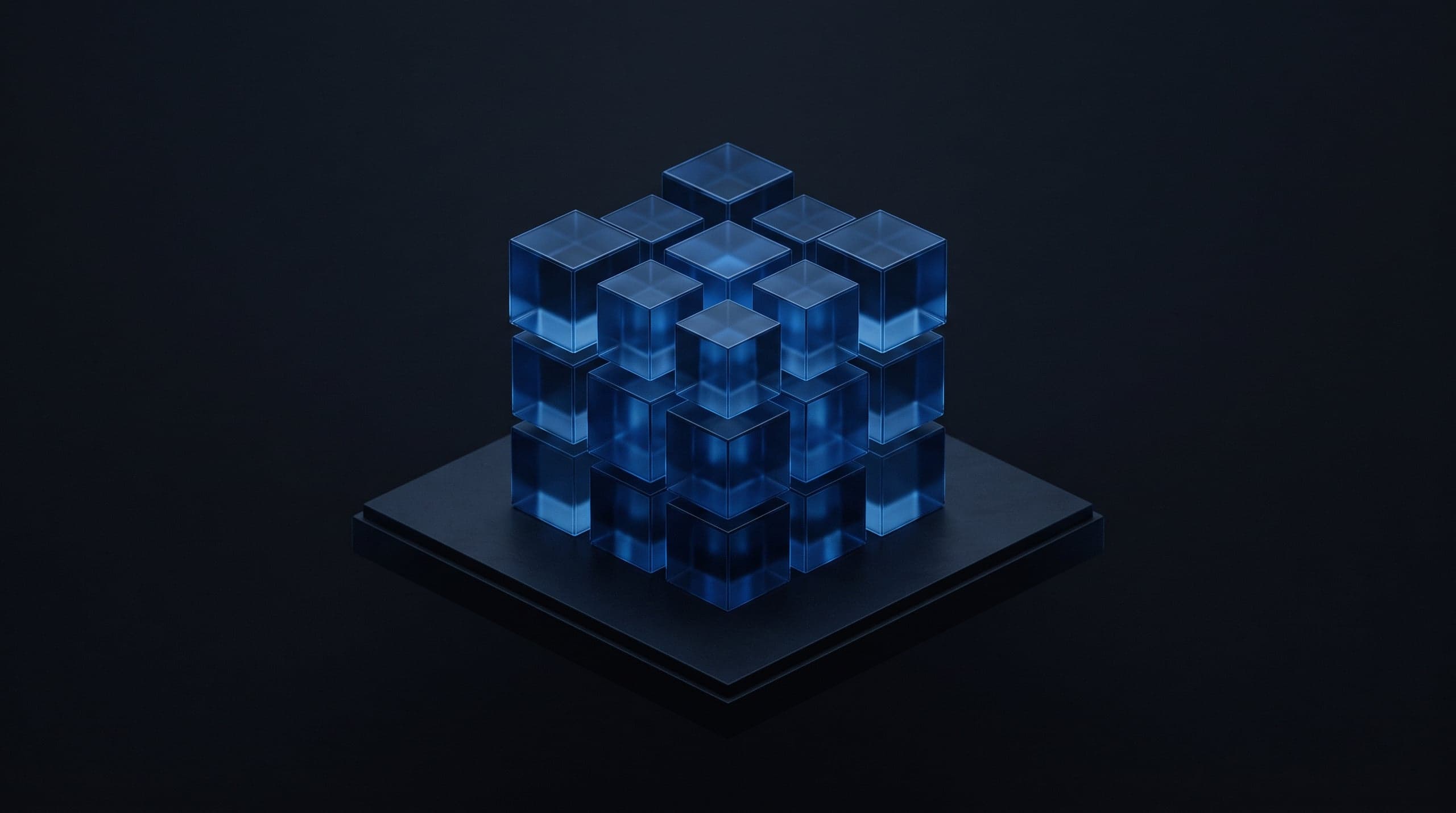 A self-contained cluster of blue glass cubes on a dark platform with nothing connecting it to the outside.