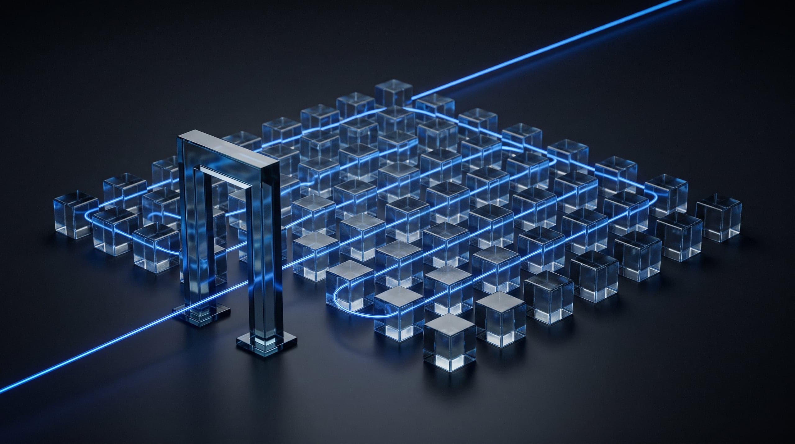 Rows of glass cells threaded by one line of blue light that first passes through a single glass gate.