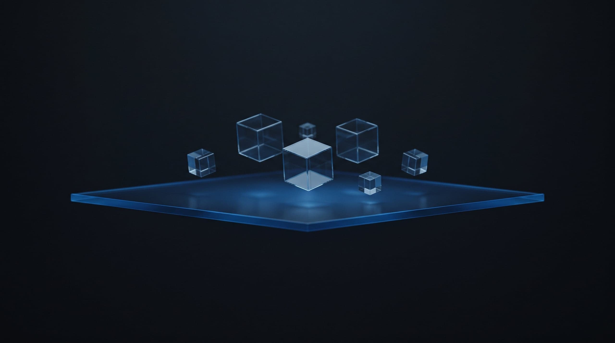 A few small glass cubes lifted just above a thin glowing blue plane, casting light downward.