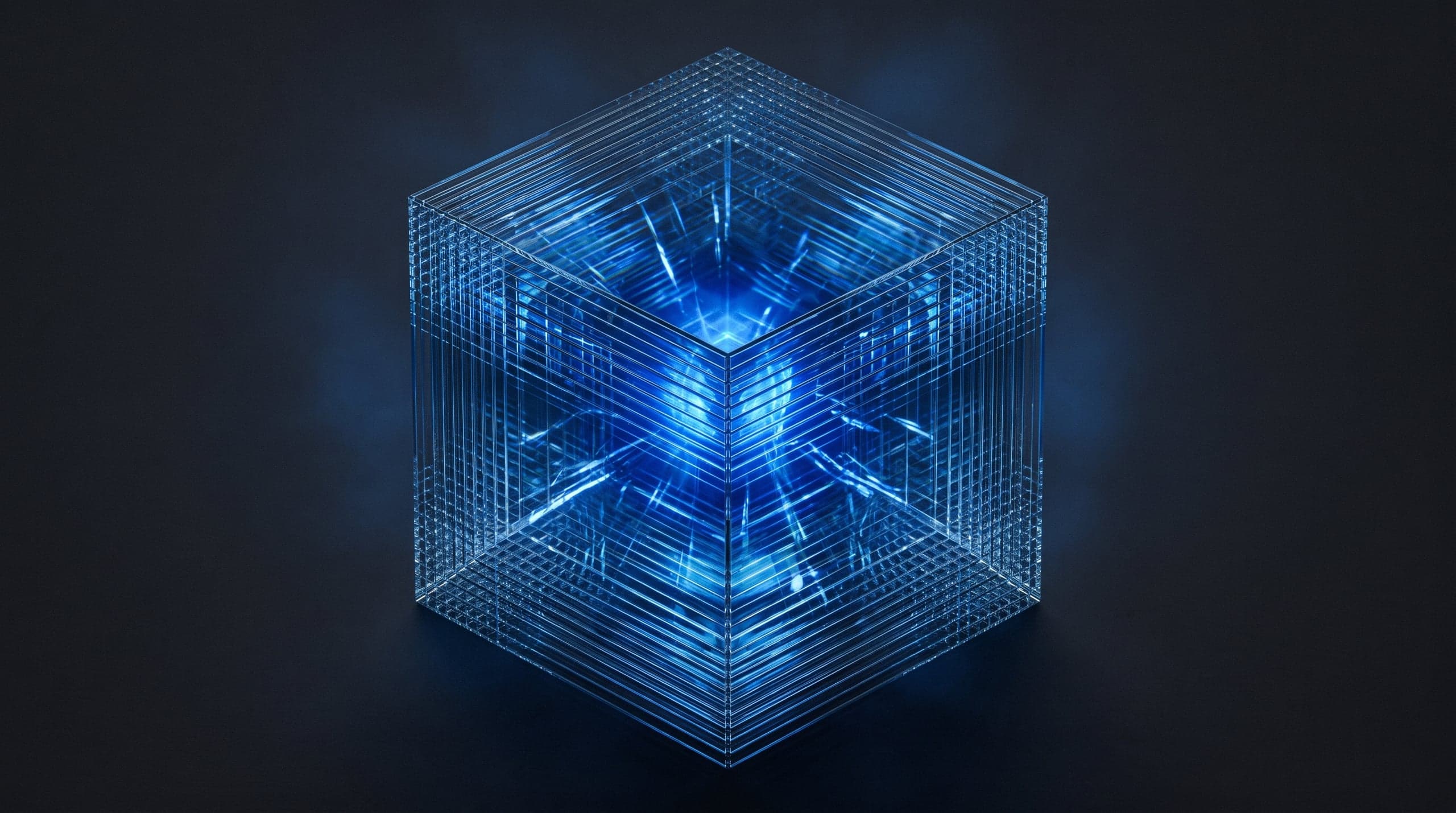 A glass cube built from many thin layered panes, deep blue light refracting through each layer.