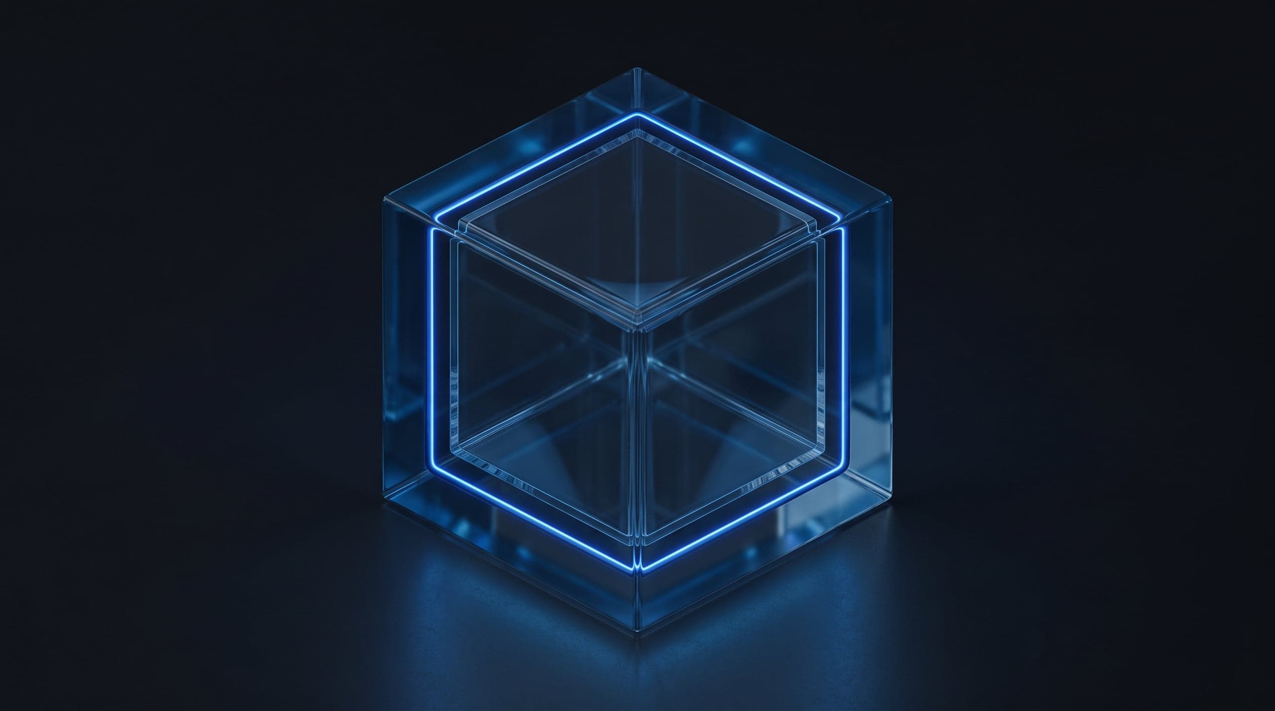 A sealed glass cube nested inside a second glass shell, deep blue light tracing the seam between them.