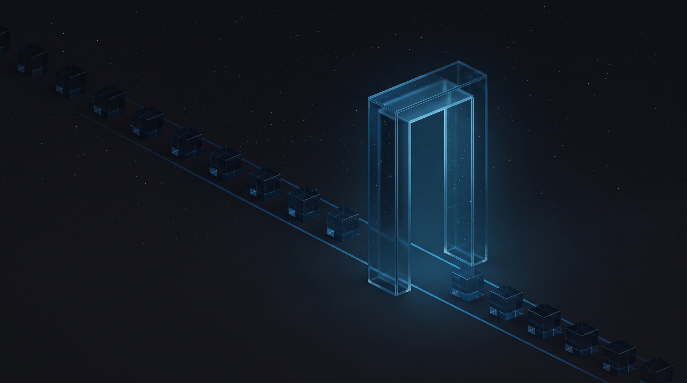 A glowing blue glass gateway on a dark starfield, with a line of small sealed glass cubes passing through it.