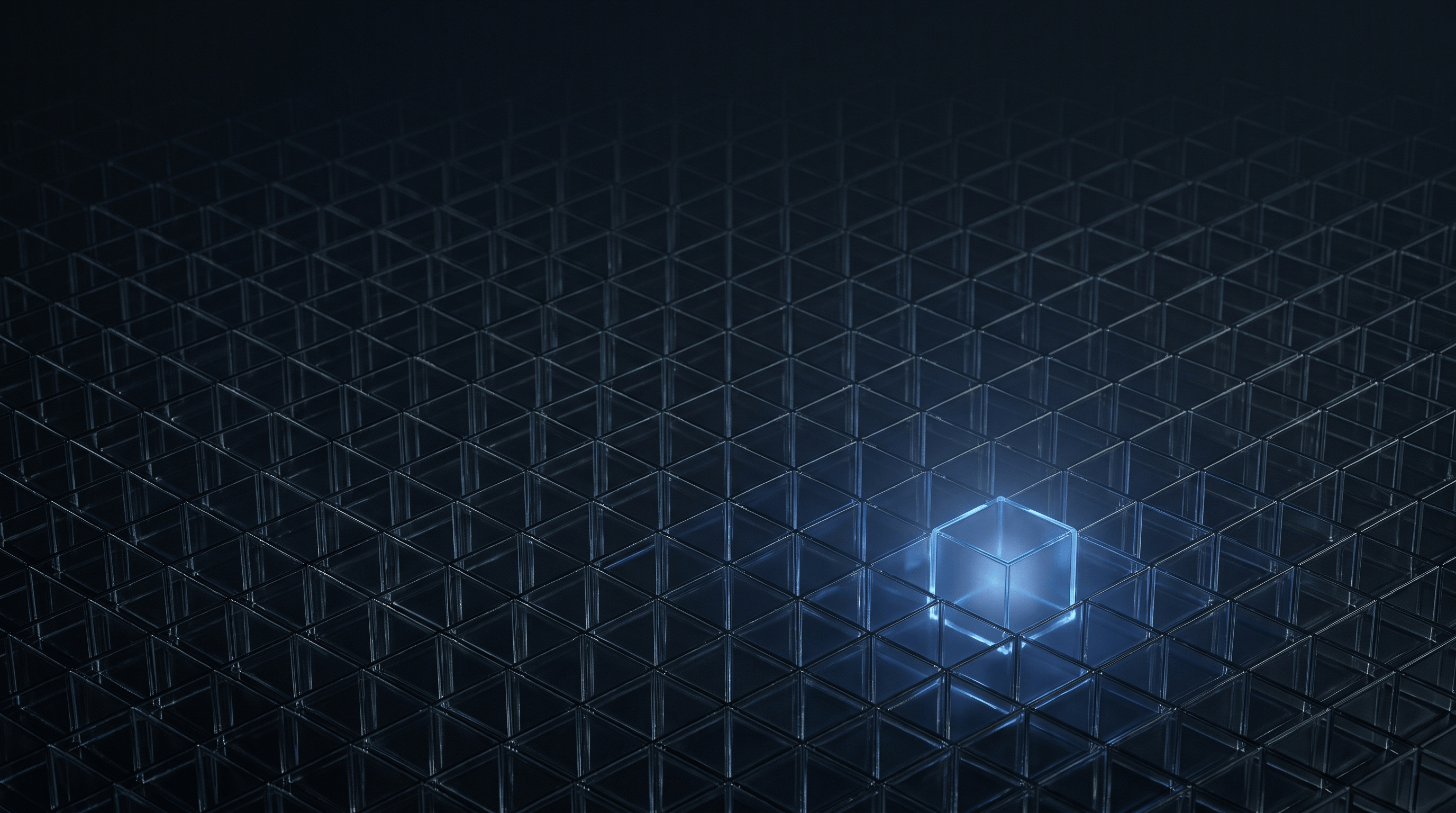 A fine lattice of small glass cells with one cell lit from within