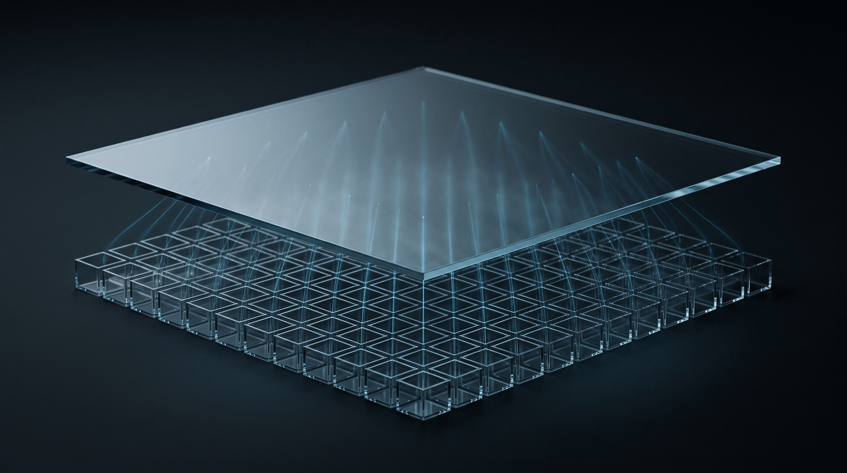 A translucent orchestration plane above a grid of glass cells