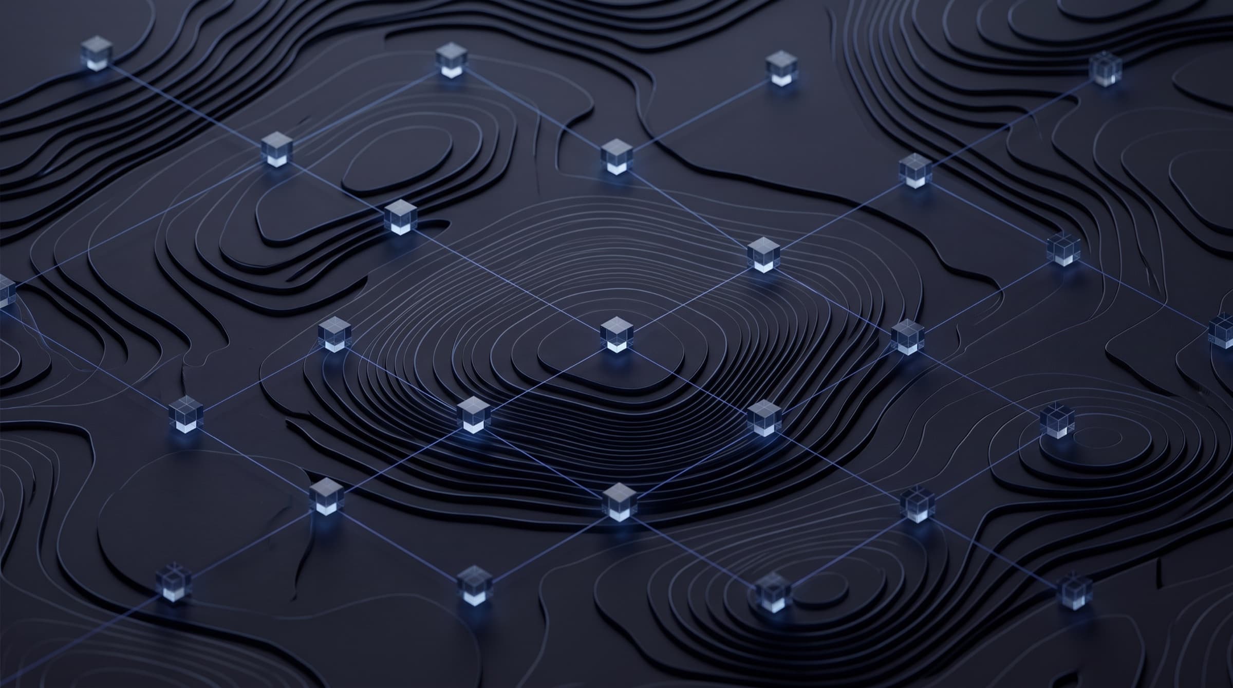 Small glass nodes connected by thin blue lines in an even grid across a dark terraced topographic map.