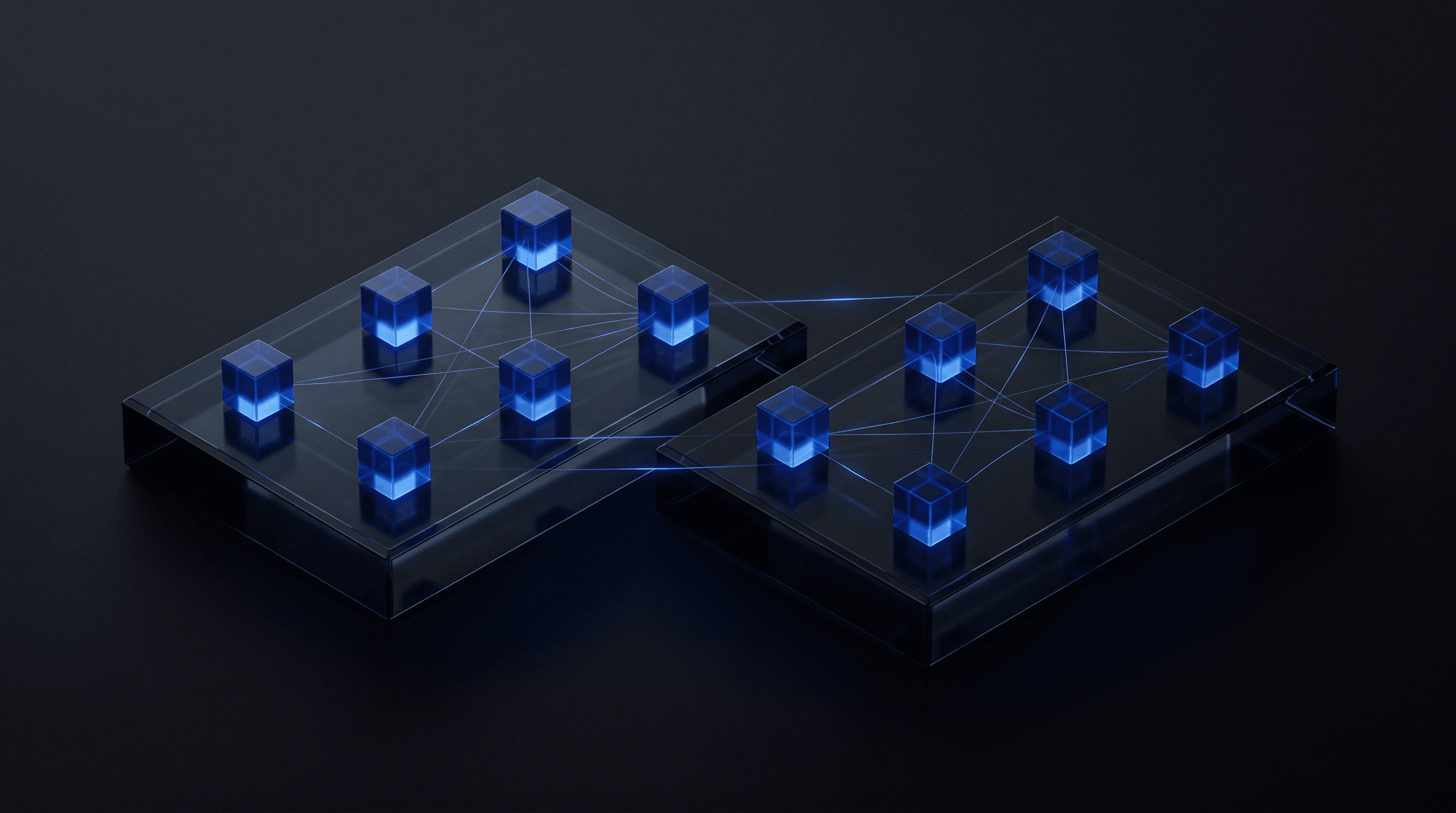 Two dark host slabs carrying small glowing glass cubes, linked into one group by threads of light