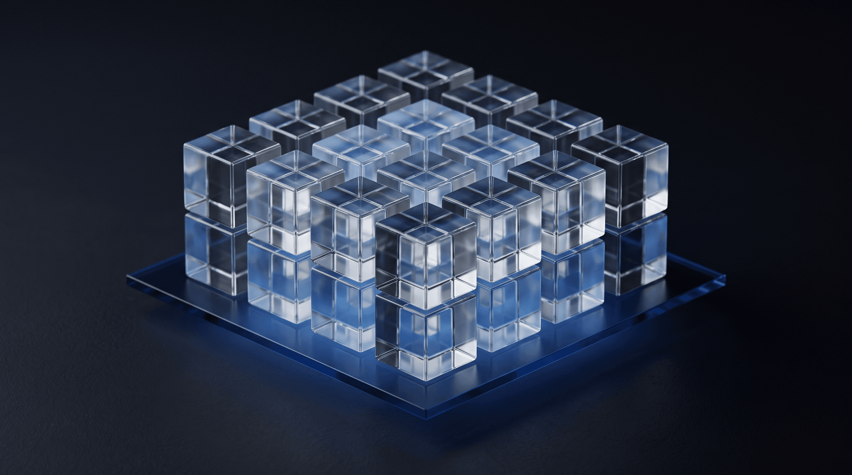 A formation of glass cubes resting on one thin glowing plane floating above the dark ground.