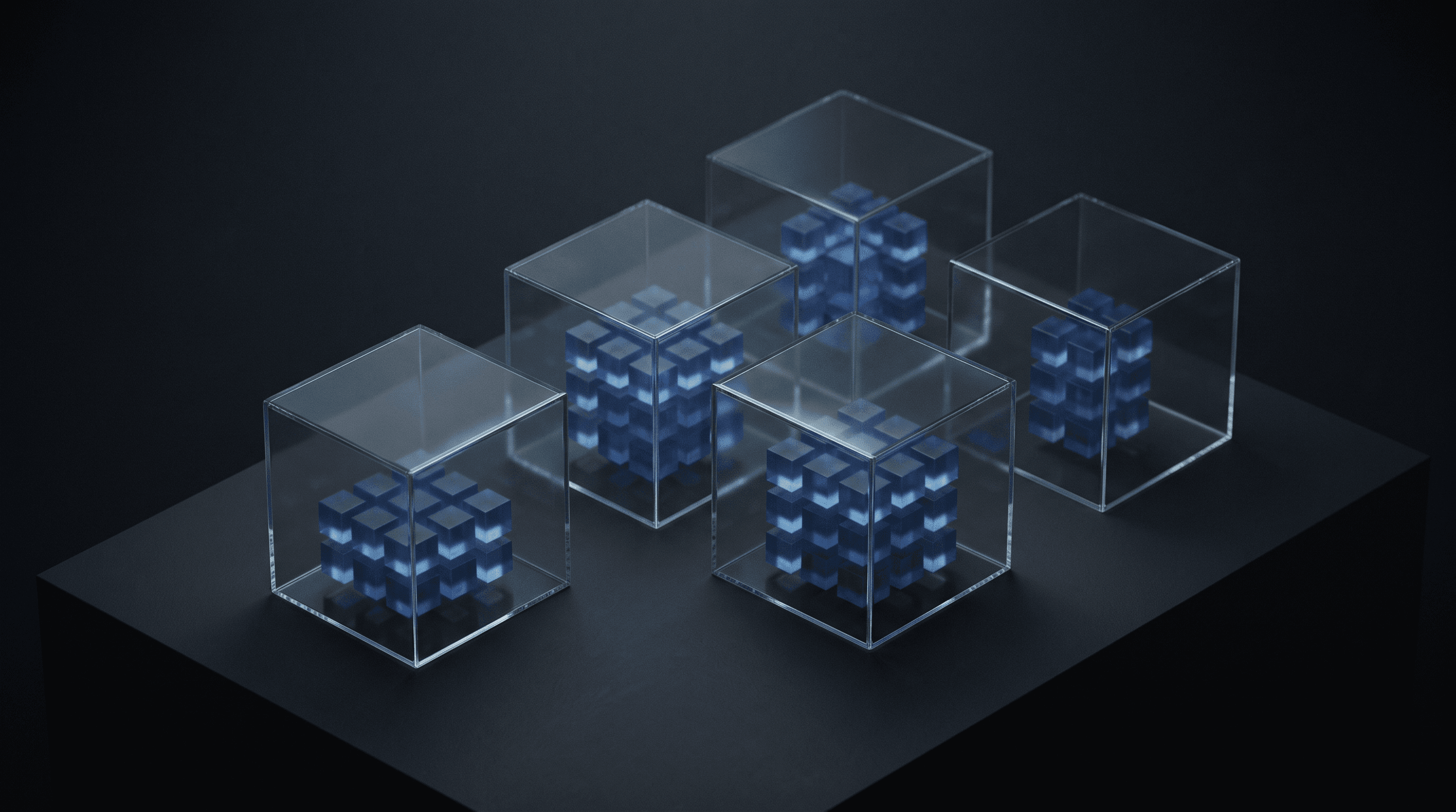 Glass cubes on a dark plane, each holding smaller glowing cubes inside