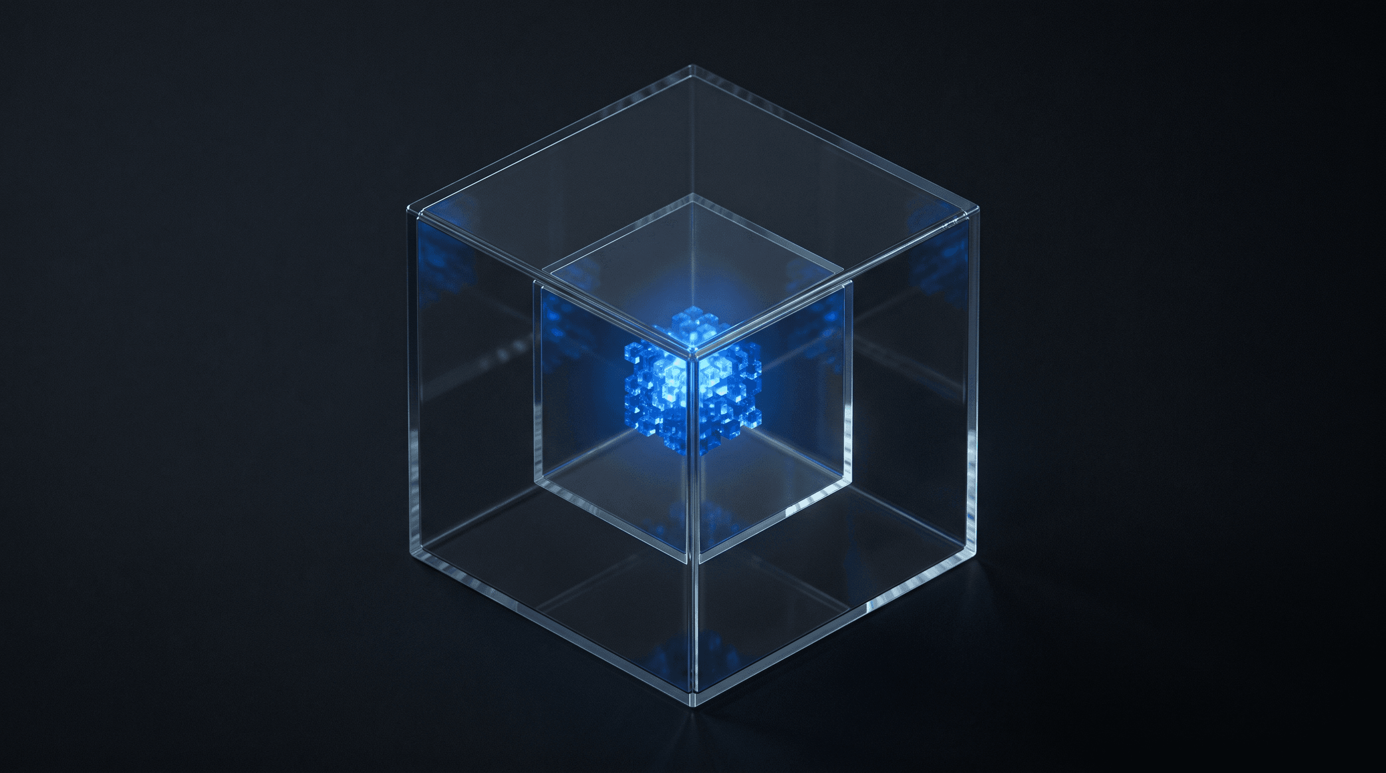 A glass cube containing a smaller cube, which holds a cluster of tiny glowing cubes