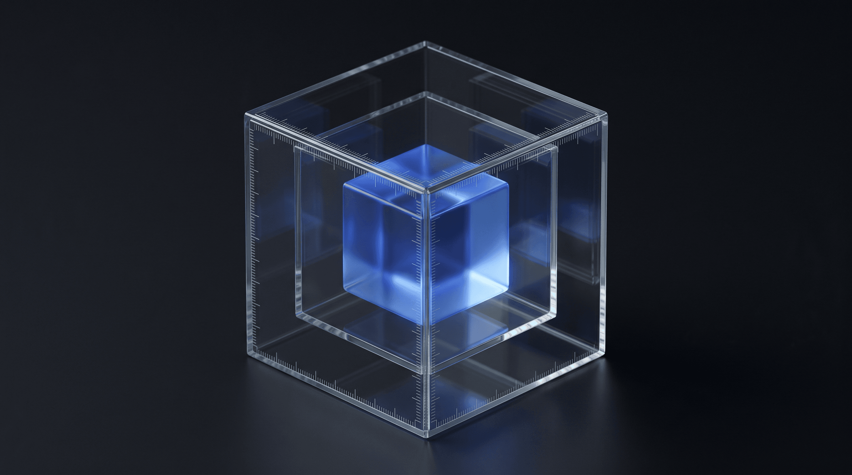 A glowing cell held inside a larger calibrated glass frame