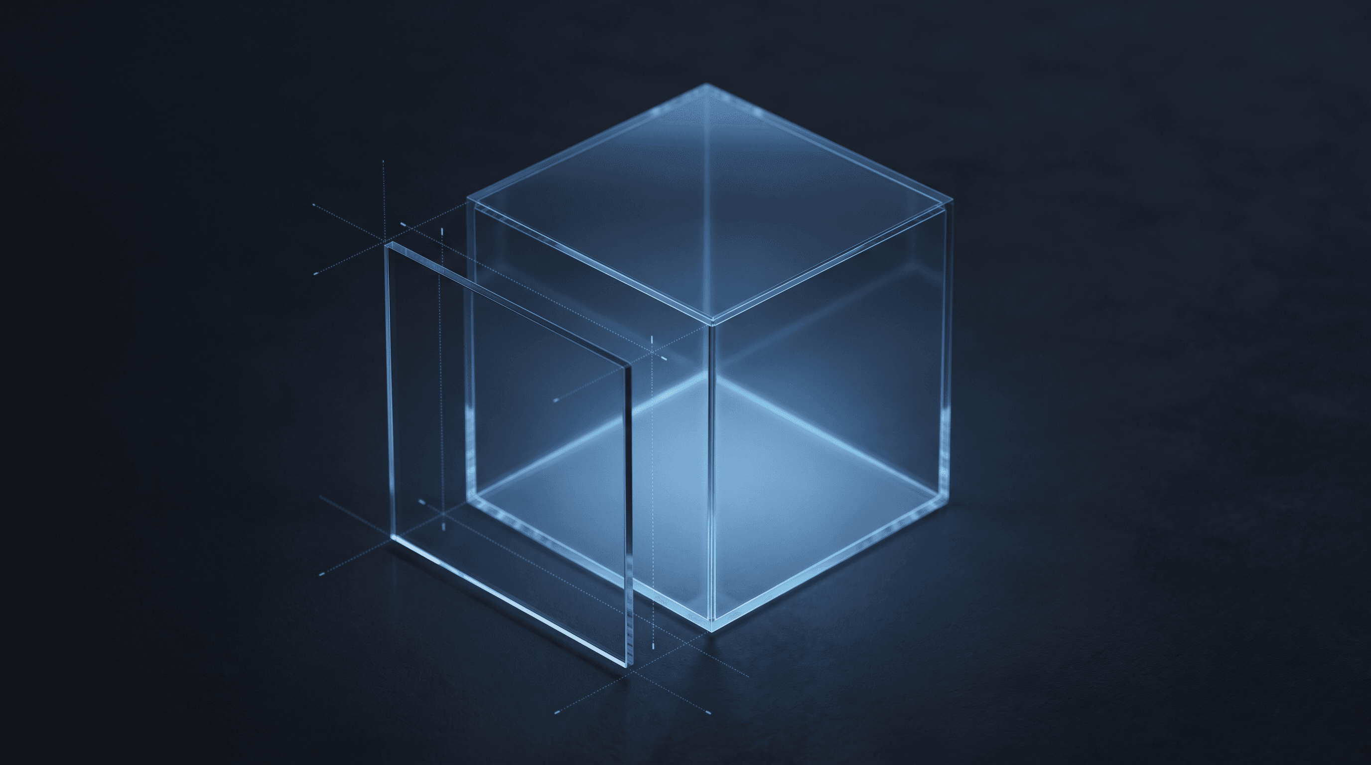 A glass cell with one wall panel guided into place by alignment lines