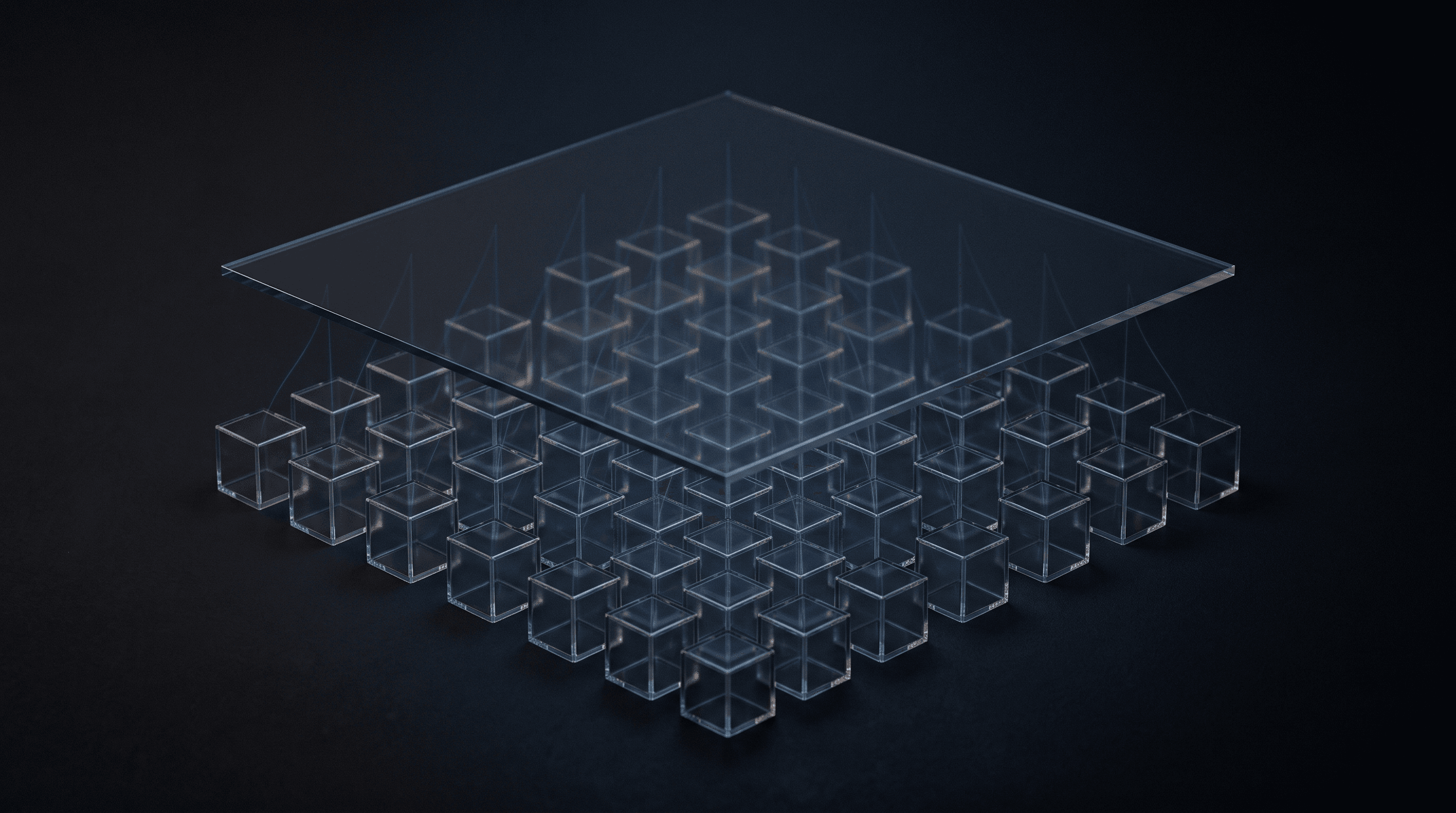 A translucent plane linked by light to a formation of glass cells